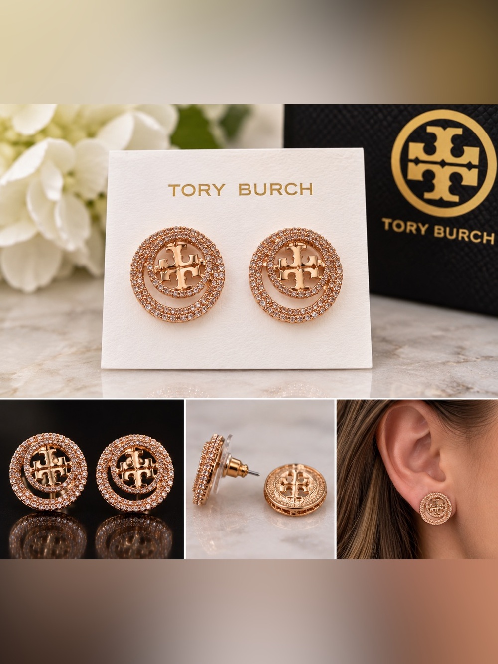 Tory Burch Crystal Double T Circle Stud Earrings Rose Gold